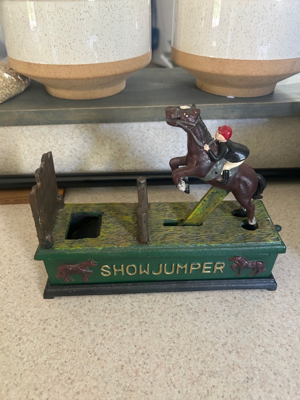 Vintage Show Jumper Cast Iron Bank - Horse & Rider